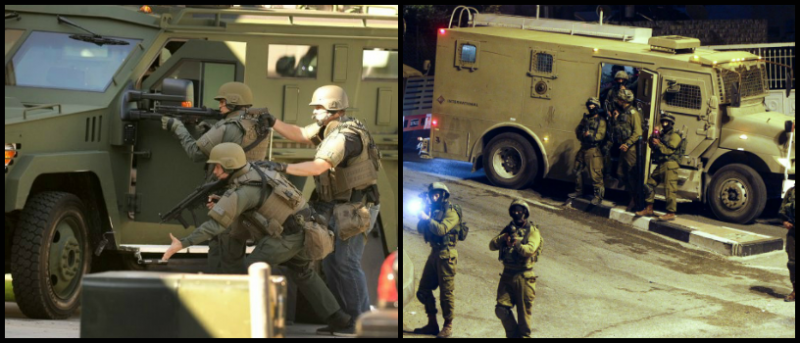 LEFT: A SWAT team member deploys a flash-bang device outside the garage of an apartment where an armed suspect was believed to be barricaded in Port Hueneme. (Rob Varela—Ventura County Star) RIGHT: Israeli military patrols the streets in the West Bank city of Hebron on July 6, 2014 (Abed Al Hashlamoun—EPA)