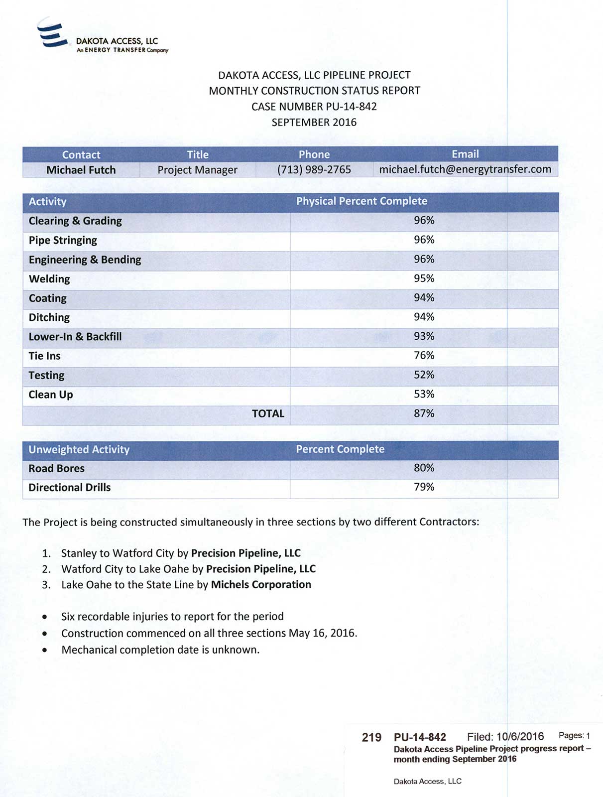 DAPL Monthly Progress Report